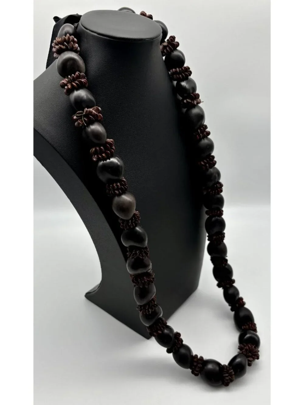 Vintage Hawaiian Lei Kukui Nut And Seeds Necklace With Ribbon Closure, Hand-Made - Picture 3 of 16